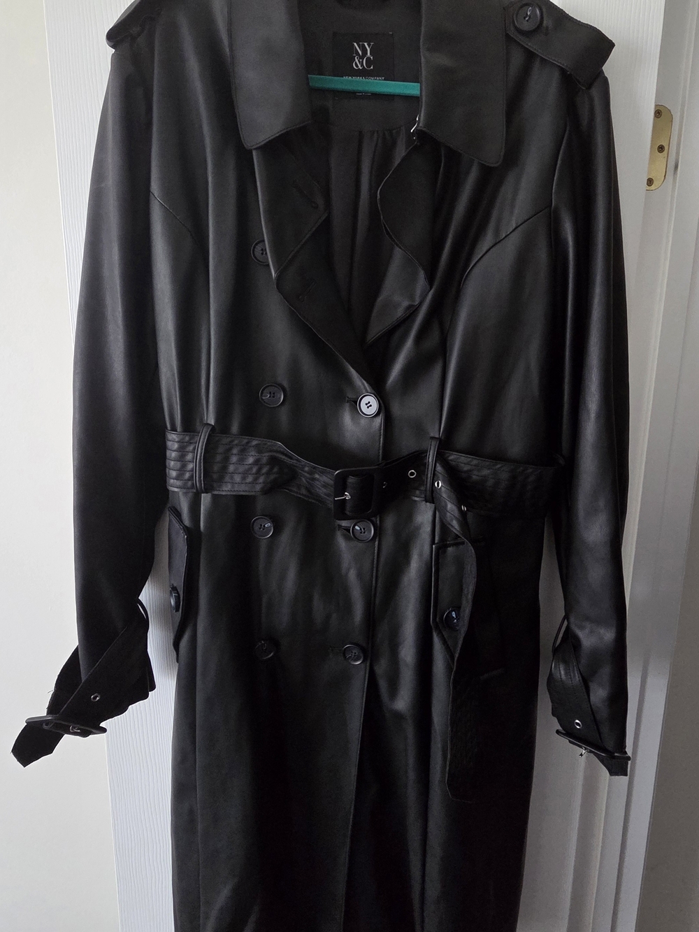 New York & Company Black Faux Leather Trench Coat - Belted Women’s Coat